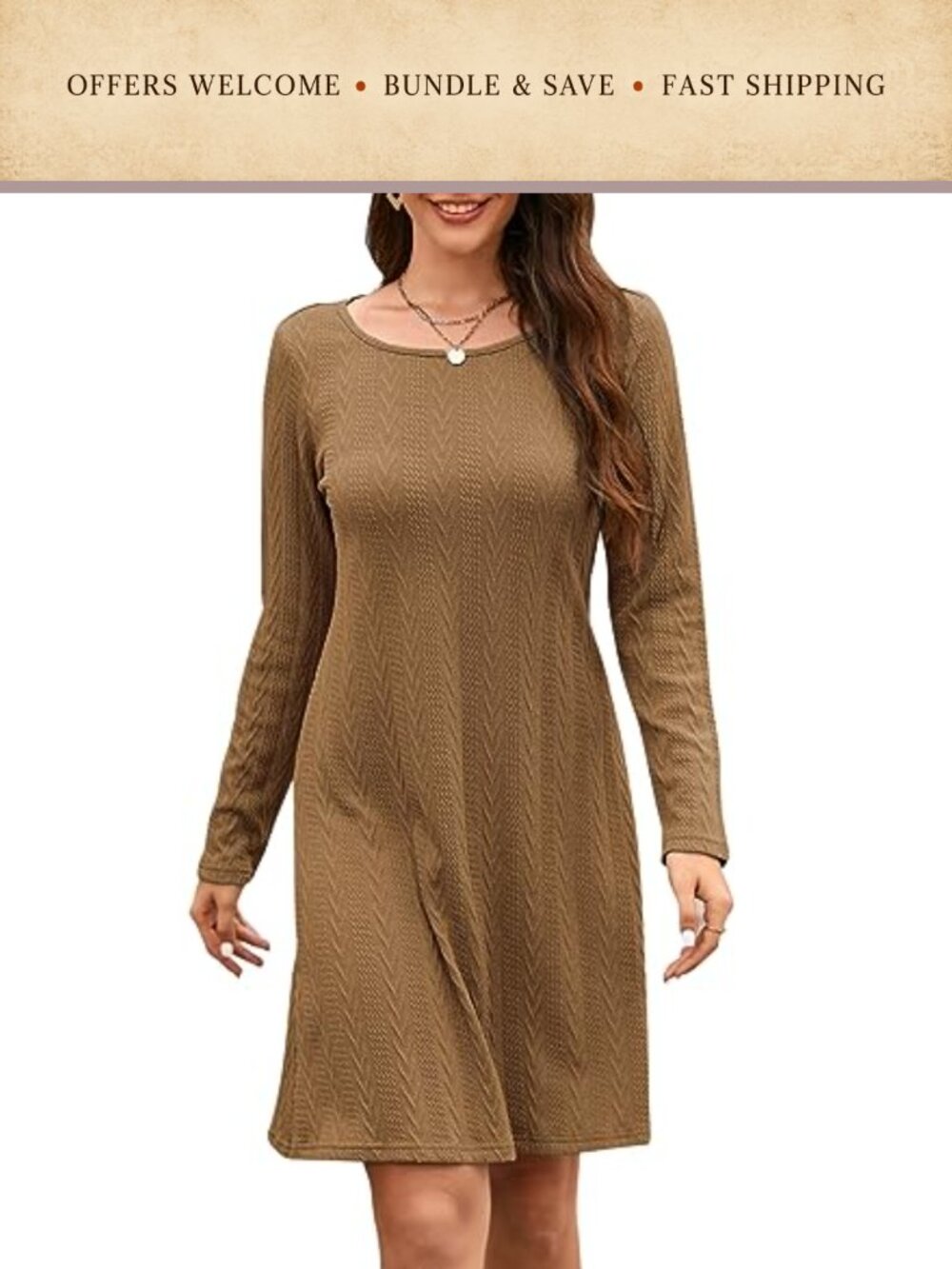 STYLEWORD Women Long Sleeve Sweater Dress Cable Knit Knee Length Casual